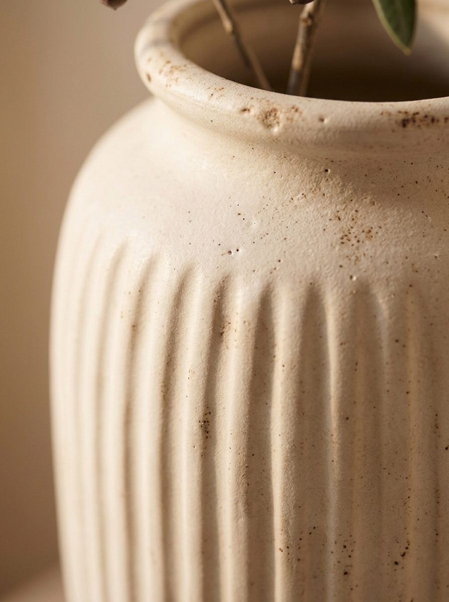 Dettaglio macro delle scanalature verticali e del bordo arrotondato del vaso Amalfi, con lo smalto opaco che si raccoglie nelle solcature