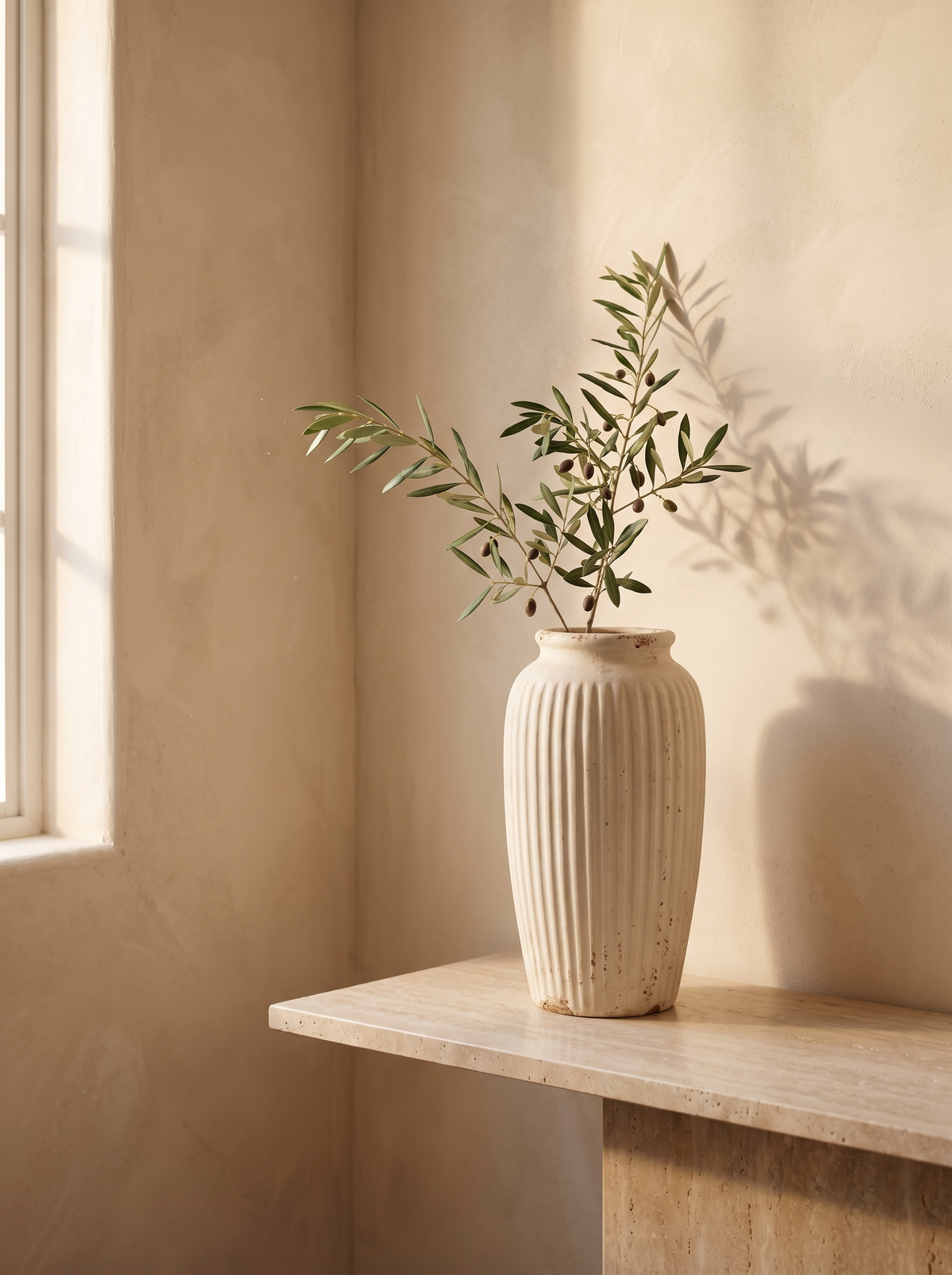 Vaso in ceramica rigata Amalfi color crema opaco con un ramo d'ulivo, su una consolle in travertino accanto a una finestra