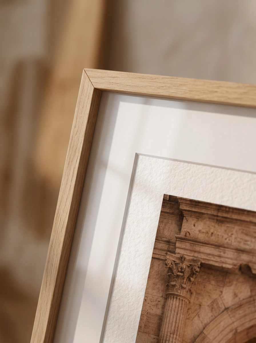 Dettaglio macro dell'angolo superiore della cornice in rovere della stampa Arco Romano, con il giunto a 45 gradi e la carta fine art opaca