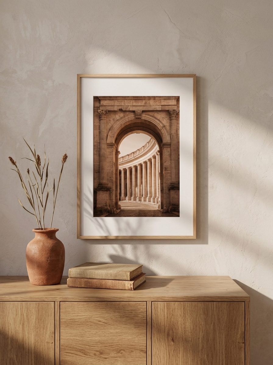 Stampa Arco Romano appesa sopra una credenza bassa in rovere, con un vaso in terracotta con rami secchi e due libri rilegati in lino