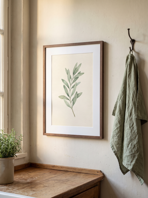 Stampa incorniciata Bosco con un ramo d'ulivo ad acquerello verde salvia, cornice sottile in noce, appesa su una parete di intonaco chiaro in cucina