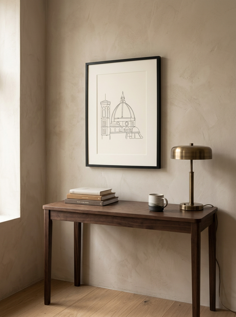 Stampa Duomo Line Art appesa in un angolo studio sopra una scrivania in noce, con una pila di libri, una tazza in gres e una lampada in ottone