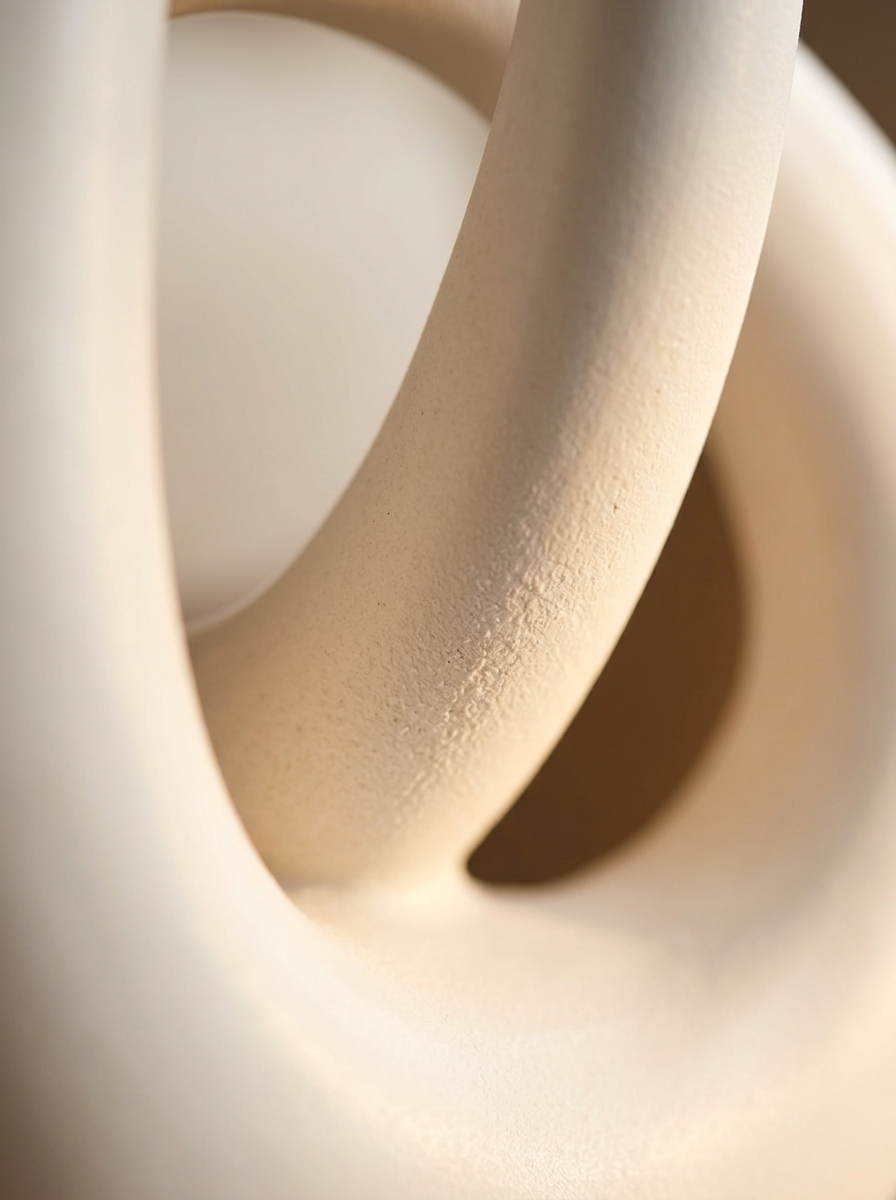 Dettaglio macro della curva dell'anello in ceramica Olivo, con la superficie opaca a biscotto e l'ombra profonda all'interno della curva
