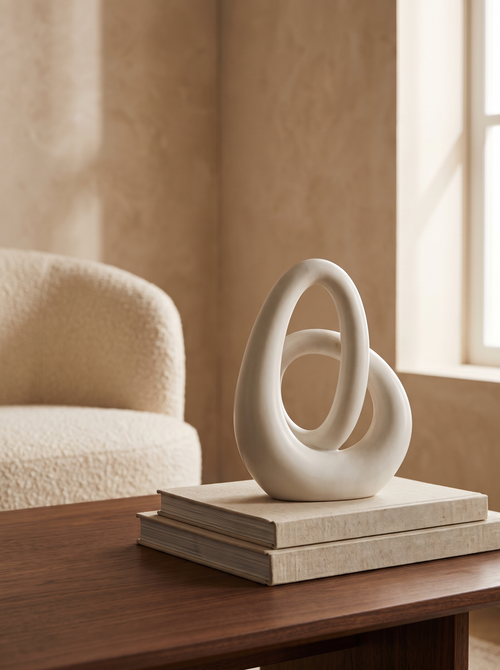 Oggetto scultoreo Olivo in ceramica bianco avorio opaco, appoggiato su due libri d'arte rilegati in lino sopra un tavolino in noce
