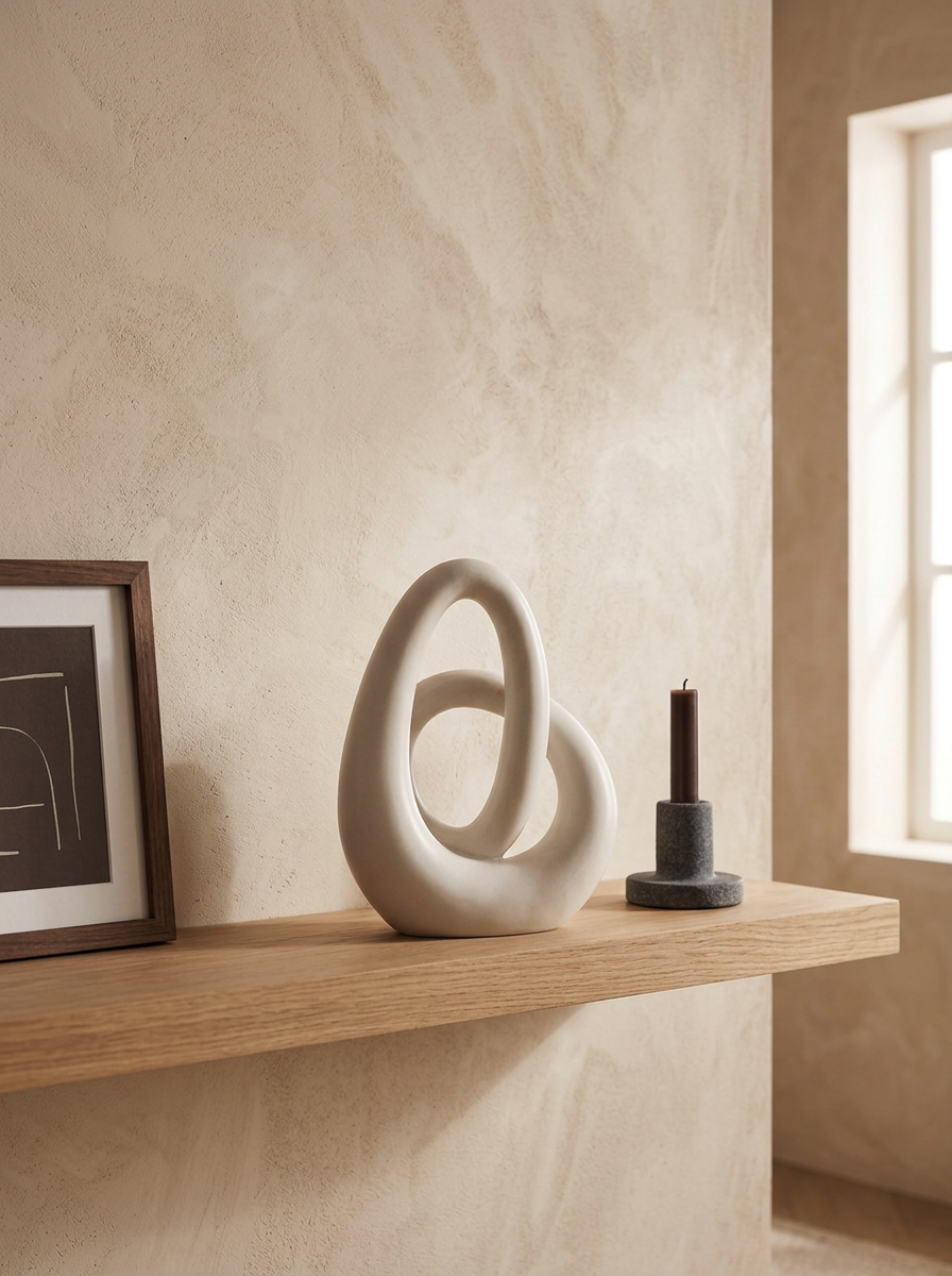 Scultura in ceramica Olivo su una mensola sospesa in rovere, accanto a una piccola stampa incorniciata e una candela in un portacandele di pietra