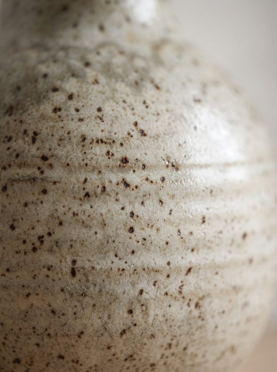 Dettaglio macro del ventre del vaso Sabbia, con lo smalto reattivo che si apre sugli anelli del tornio e i puntini scuri di ferro