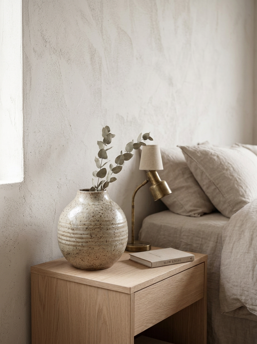 Vaso in gres Sabbia su un comodino in rovere, accanto a una piccola lampada in ottone e un libro rilegato in lino