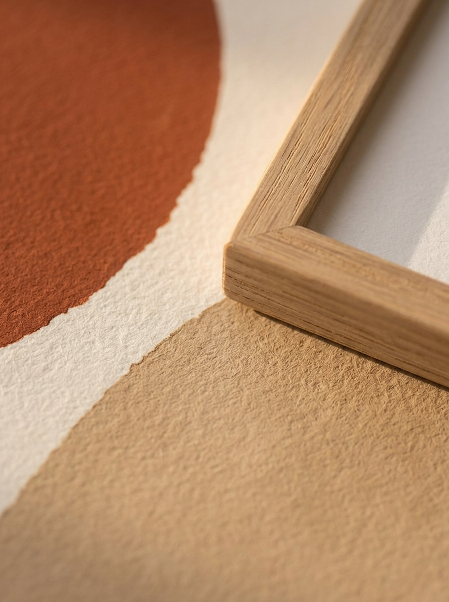 Dettaglio macro del bordo del disco color terra di Siena della stampa Sole, con il pigmento opaco piatto e la grana della carta d'arte