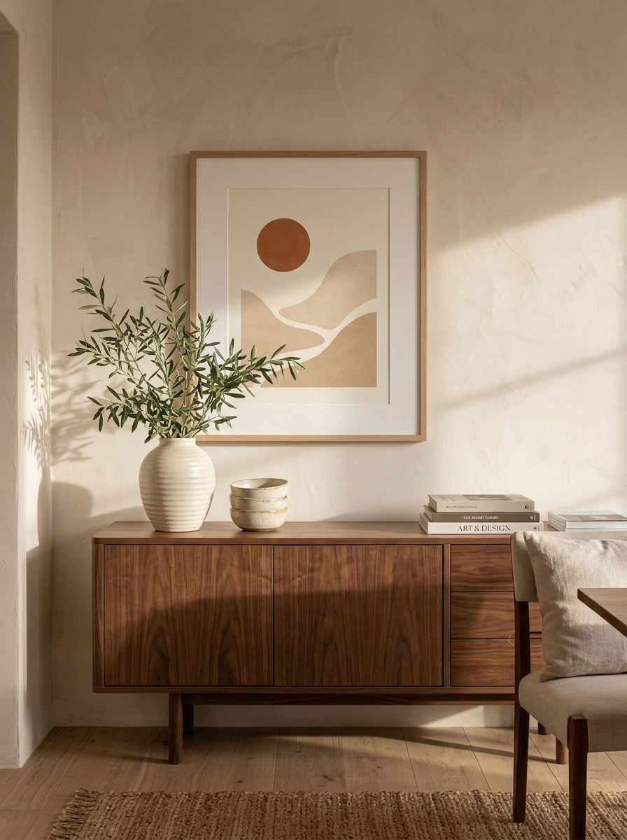 Stampa Sole Astratto appesa sopra una credenza in noce in un angolo pranzo, con un vaso in ceramica rigata con un ramo d'ulivo e ciotole in ceramica