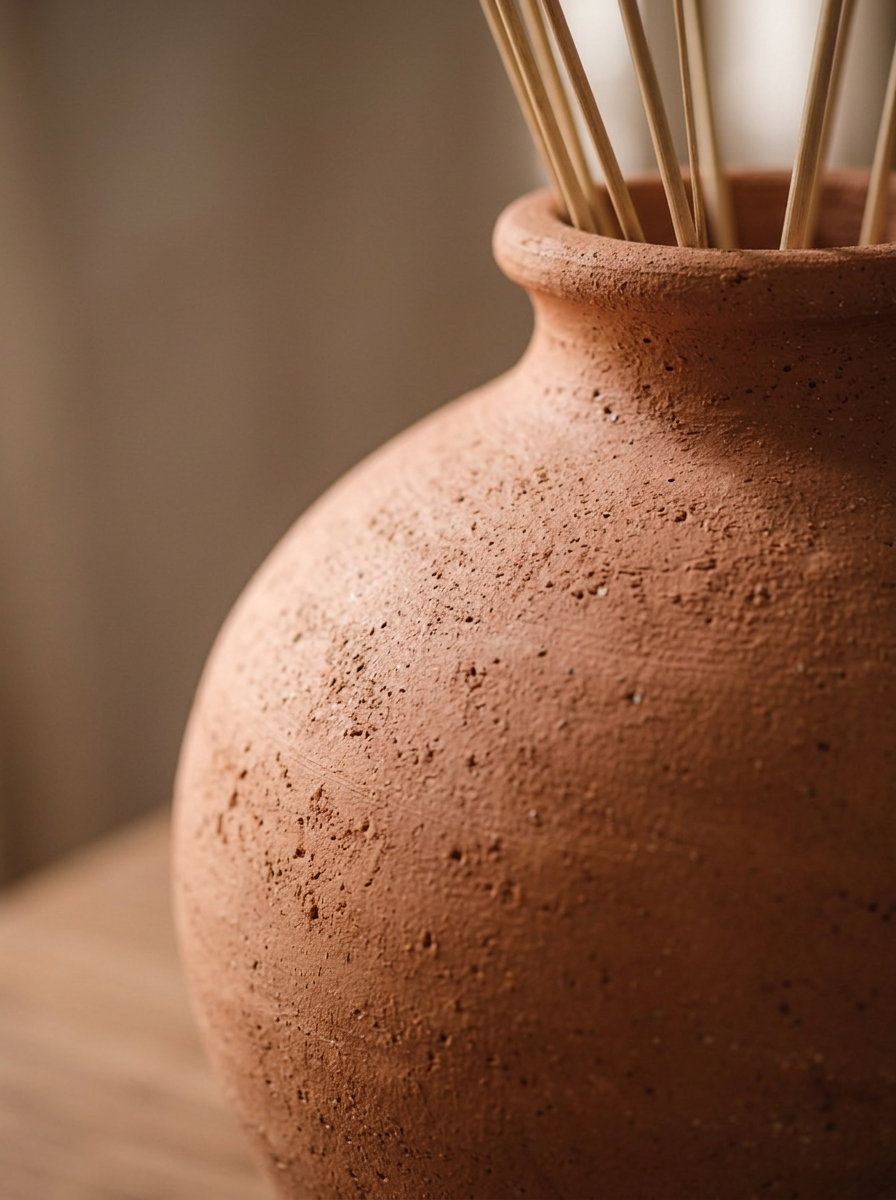 Dettaglio macro del collo e della spalla del vaso in terracotta, con l'argilla porosa e i lievi anelli del tornio