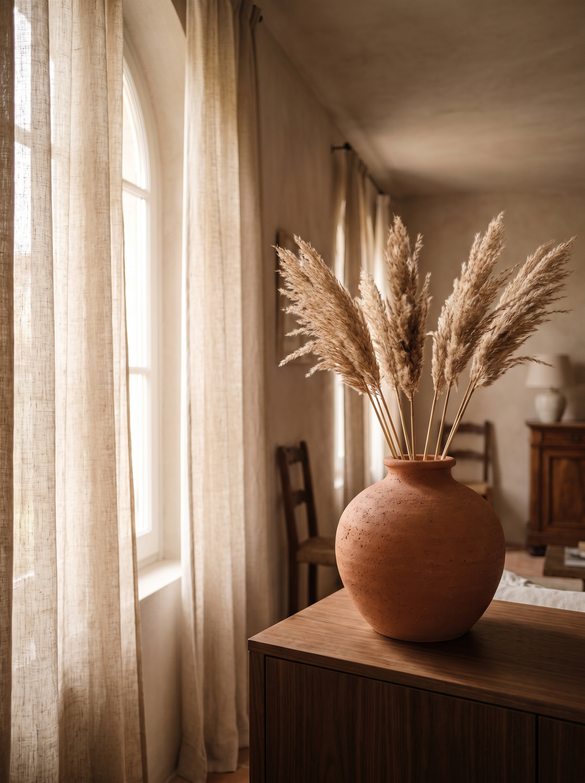 Vaso a bulbo Terra Rossa in terracotta non smaltata con steli di pampas secca, su una credenza in noce davanti a una finestra ad arco