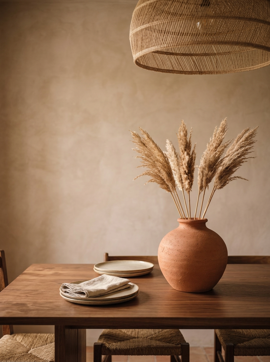 Vaso a bulbo in terracotta su un lungo tavolo da pranzo in noce, accanto a due piatti in gres e un tovagliolo di lino