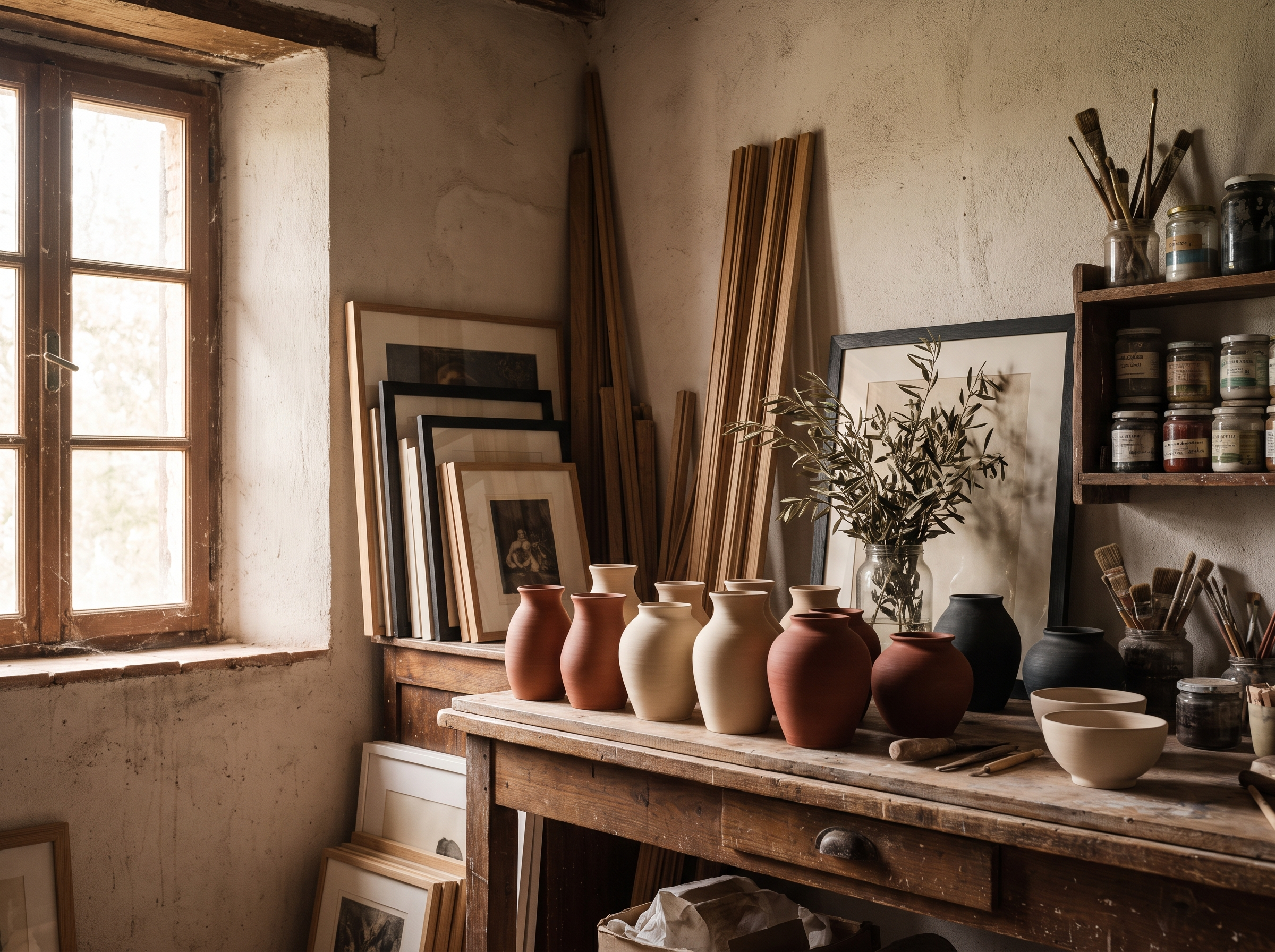 Atelier di ceramica e cornici a Roma con vasi in terracotta e stampe
