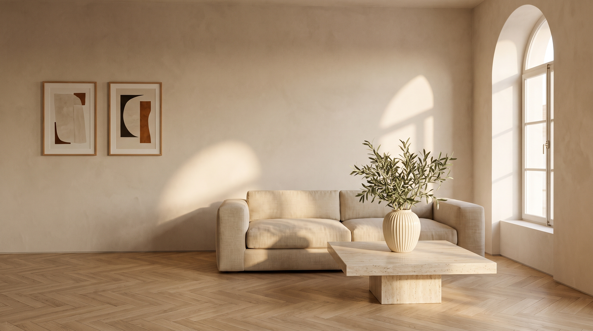Soggiorno italiano luminoso con vaso in ceramica rigata e stampe incorniciate